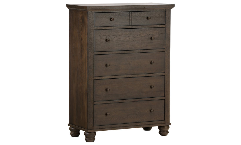 Dark wood dresser with multiple drawers on a white background